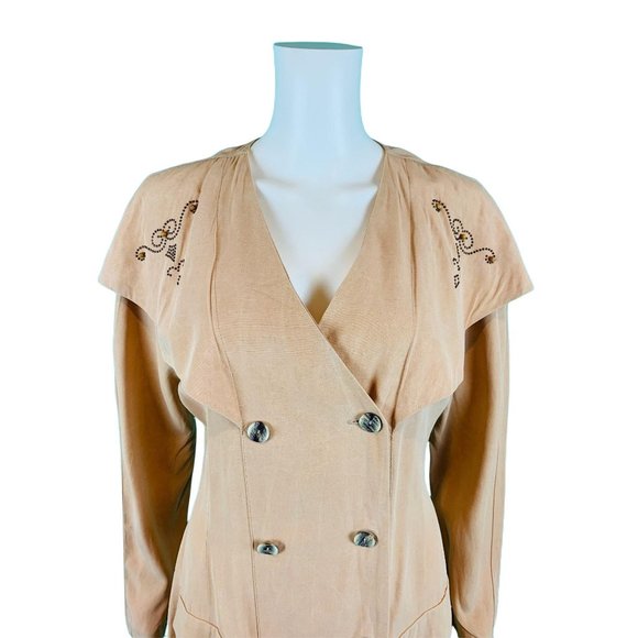 Vintage 90s Tunic Top Women's Large Beige Bronze Studded Large Collar Blouse - Picture 2 of 10